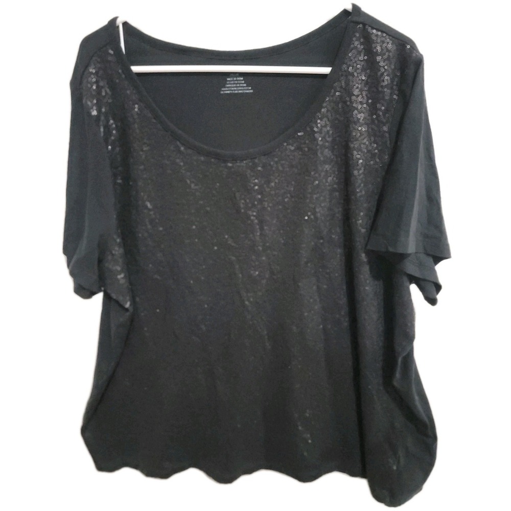 DKNY Jeans Womens Plus Size 26/28 Black Sequin Front Short Sleeve Scoop Neck Top
